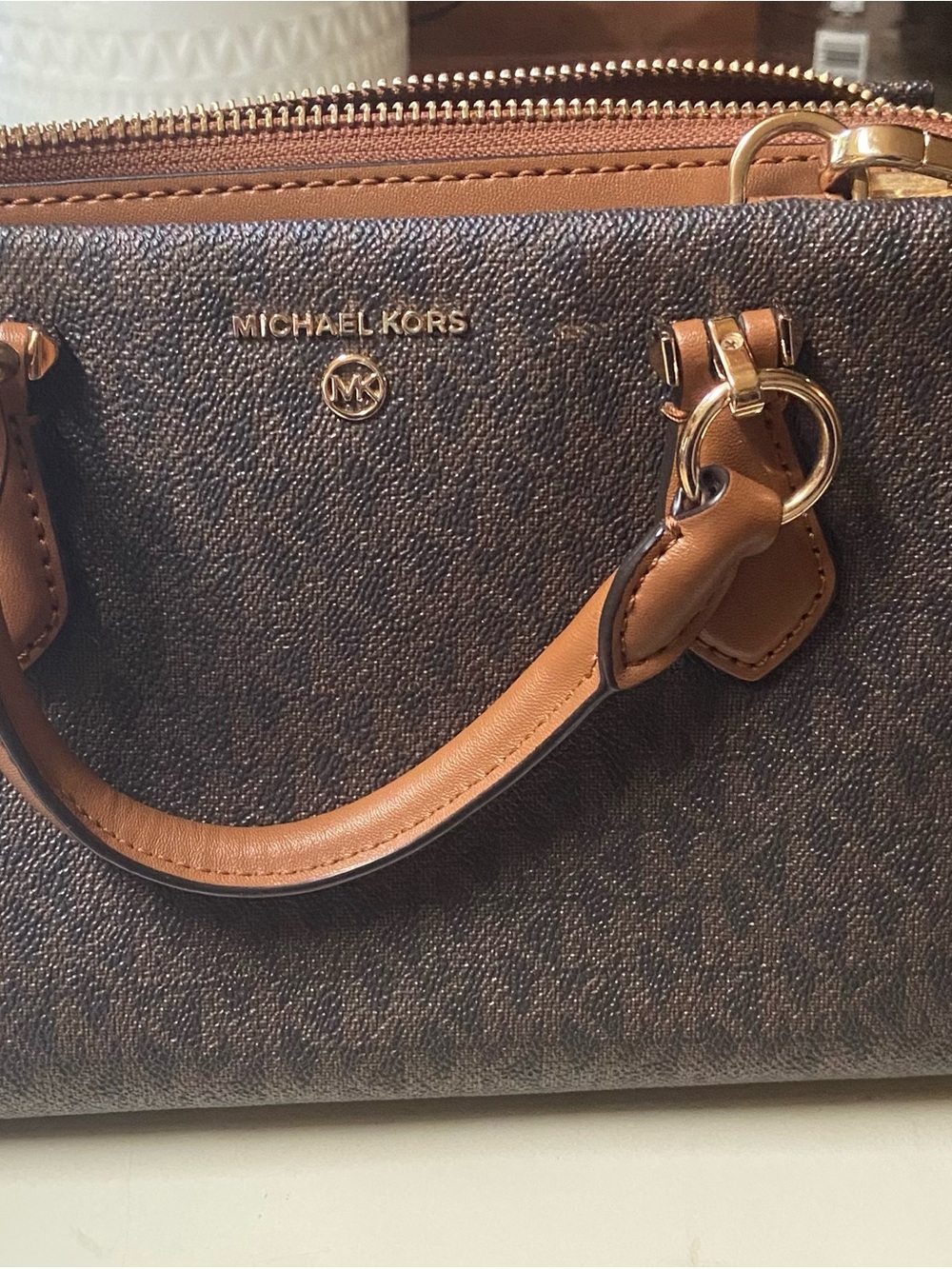 Michael Kors Brown Logo Satchel with Tan Leather Trim and wallet.